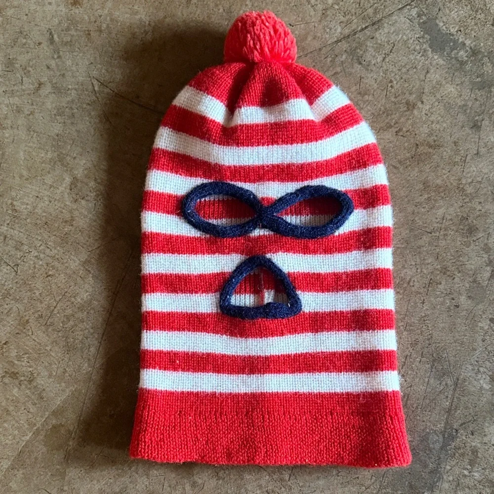 Vintage 70s Striped Red and White Balaclava face mask - Picture 1 of 4